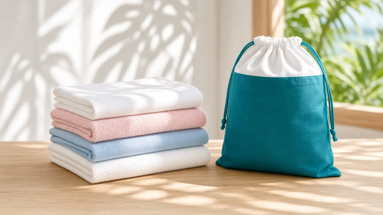 Fresh folded laundry and a teal laundry bag