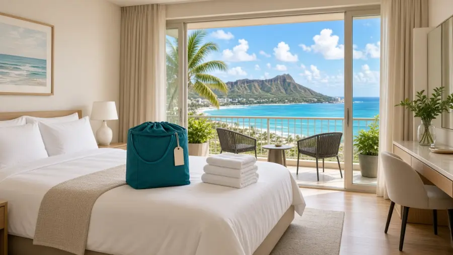 Bright Waikiki hotel room with a laundry bag on the bed