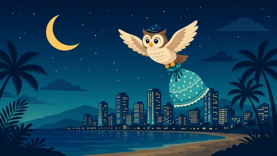 Night Owl Pickup owl carrying a laundry bag over Waikiki at night